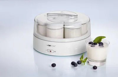 A white yogurt maker with multiple jars filled with yogurt, and a glass of yogurt topped with blueberries and a mint leaf, set against a light gray and white gradient background. Several blueberries are scattered around the foreground.