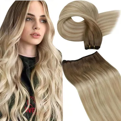 Obrázek produktu pro Prodlužovací vlasy z přírodních vlasů, ombre, blond, šité, světle hnědé, balayage, popelavě blond, platinově blond, rovné, 45 cm, 100 g