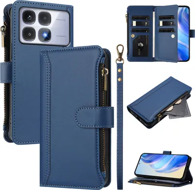 Produktbild von Handyhülle für Xiaomi Redmi K70 Ultra Reißverschluss Geldbörse Kunstleder Klapphülle mit Kartensteckplatz, Ständer, Handschlaufe Dunkelblau