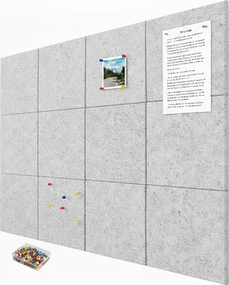 Produktbild von Relaxdays Filzpinnwand, 12 Stück, selbstklebende Quadrate aus Filz, HBT: 30x30x0,9 cm, Filzwand inkl. Pinnnadeln, grau