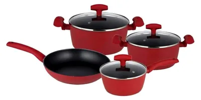Produktbild von 7-teiliges Kochtopf-Set induktionsgeeignet mit Glasdeckeln rot