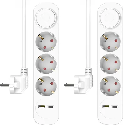 Produktbild von USB Steckdosen Set 2fach, Mehrfachsteckdose 3fach, Steckdosenleiste mit Schalter