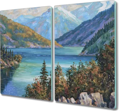 Produktbild von Coloray Herdabdeckplatte 2x30x52 cm Schneidebrett Kochplattenabdeckung Küchenbrett Hackbrett - Malerei See Berge