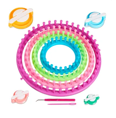 Produktbild von Relaxdays Strickring Set, 4 Strickrahmen, Ø 28cm, 24cm, 19cm, 14cm, für Mütze & Schal, Bommelmacher, Anfänger, bunt