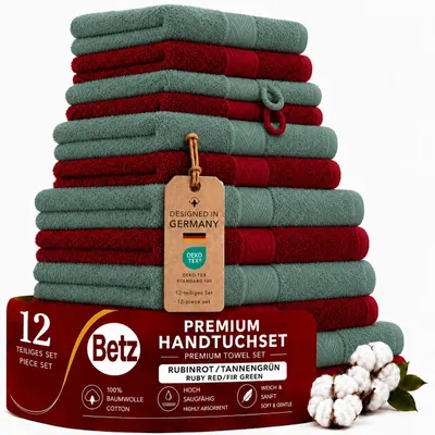 Produktbild von Betz 12-tlg. Handtuch-Set PREMIUM 2 Duschtücher 4 Handtücher 2 Gästetücher 2 Seiftücher 2 Waschhandschuhe  Farbe: rubinrot / tannengrün, KI-generiertes Bild