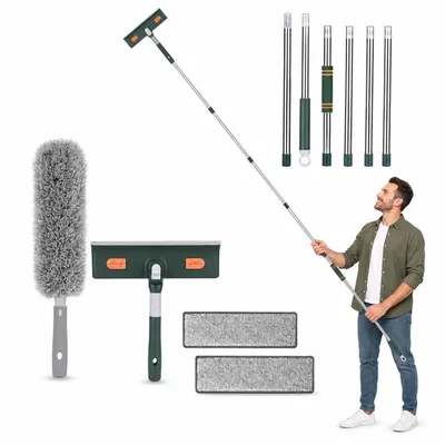 Produktbild von 206 cm 2-in-1 Fensterabzieher mit Teleskopstiel, Fensterwischer Set mit Mikrofaser-Seite, Abziehlippe, drehbarem Wischkopf, Staubwedel & 2 Ersatzpads