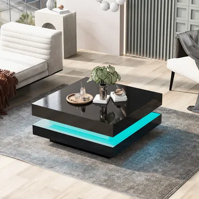 Produktbild von okwish schwarzer quadratischer Couchtisch 70 x 70 x 36 cm – moderner Tech-Stil mit 16 Farben LED-Beleuchtung, klassisch stilvoller moderner Wohnzimmertisch