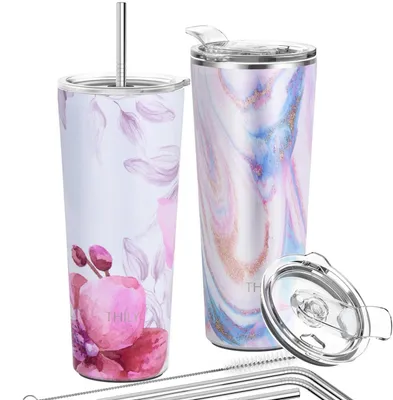Immagine prodotto di Tazza in acciaio inossidabile isolata sottovuoto, capacità 780 ml, confezione da 2, colore rosa con motivo a onde e fiore di loto