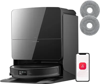 A robot vacuum cleaner and its accessories are displayed against a white background.