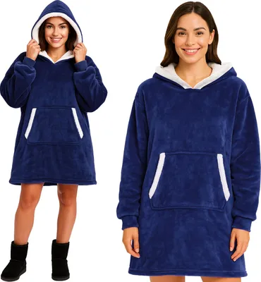 Obrázek produktu pro Ruhhy hoodie deka oversize - nositelná příjemná deka s kapucí a klokaní kapsou, podšívka sherpa, teplá a měkká, jedna velikost pro ženy a muže tmavě modrá 26147