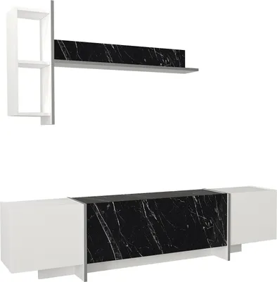 Produktbild von Wohnwand Veyron mit 3 Türen und Wandregal, Weiß und Schwarze Marmor Optik, 9383