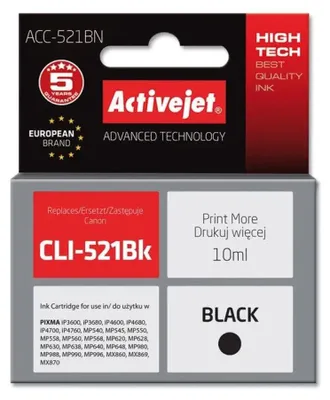 Imagen del producto de Activejet ACC-521BN, cartucho de tinta (compatible con Canon CLI-521Bk; capacidad máxima: 10 ml; color: negro)