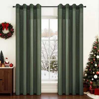 Imagen del producto de Cortina transparente con rayas, color verde oliva y dorado, 8 ojales metálicos de 4 cm de diámetro, poliéster semitransparente con apariencia de terciopelo, ideal para salones y dormitorios