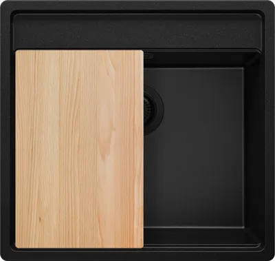 Produktbild von PRIMAGRAN Eckspüle Alles Schwarz 56x53cm, Granitspüle 1 Becken + Ablauf-Set + Schneidebrett, Küchenspüle ab 60er Unterschrank - Bergen