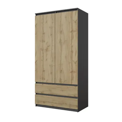 Zdjęcie produktu dla Szafa 90 Cm Joelle Antracyt/Dąb Wotan 2 Drzwi 2 Szuflady 3 Półki, Sypialnia