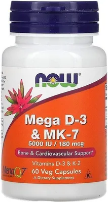 Produktbild von Mega D - 3 & mk - 7 Vitamin D3 5000 IE + K2 MK - 7 60 Kapseln NOW FOODS