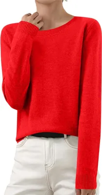 Produktbild von ASKSA Damen Strickpullover Elegant Einfarbig Strickpulli Duenne Feinstrick Winterpullover Stretch Warm Wollpullover Basic Rundhals Pulli,Rot,L