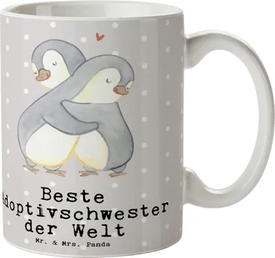 Produktbild von Mr. & Mrs. Panda Kaffeetasse Pinguin Beste Adoptivschwester der Welt - Grau Pastell - Geschenk, Kleinigkeit, Sister, Schwester, Familie, Tasse, Becher, Geschwister