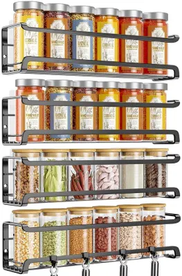 Productafbeelding van Ibenzoa® 4-delige kruidenrekset voor wandmontage – zwart, roestvrij metaal, 29 x 6,9 x 6,9 cm, zelfklevend & zonder boren, geschikt voor keuken en badkamer