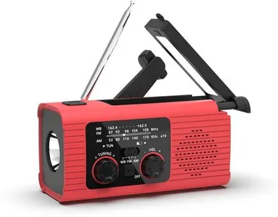 Zdjęcie produktu dla Przenośne radio awaryjne Unyqoos® z funkcją ładowania solarnym, korbką ręczną i zasilaniem bateryjnym – alarm SOS, latarka LED, wytrzymałe i wodoodporne, idealne do użytku na zewnątrz