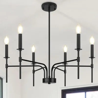 Produktbild von Modern Schwarz Kronleuchter, 6 Lichter Vintage Landhaus Hängelampe Wohnzimmer, Höhenverstellbare Rustikal Chandelier, Bauernhaus Metall Pendelleuchte Esstisch Schlafzimmer Esszimmer Foyer
