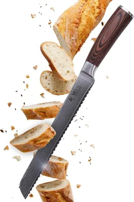 Immagine prodotto di Coltello da pane Damasco con lama seghettata - Coltello da cucina professionale in acciaio a 67 strati e manico in pakkawood (23 cm)