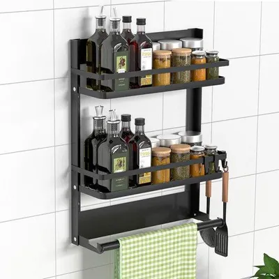 Produktbild von Famanu Wandregal für Kräuter mit Küchenrollenhalter und 4 Haken - Schwarz