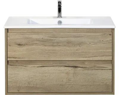 Produktbild von Sanox Badmöbel-Set Porto BxHxT 91 x 57 x 51 cm Frontfarbe eiche natur mit Waschtisch Keramik weiß Griff chrom 84718827