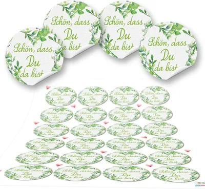 Produktbild von Logbuch-Verlag 72 Aufkleber rund grün hellgrün weiß SCHÖN DASS DU DA BIST 4 cm Geschenkaufkleber Etiketten Sticker - Hochzeit Taufe Geburtstag Gastgeschenk give-away Deko