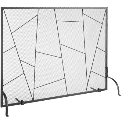 A black metal fireplace screen with a geometric pattern, shown against a white background.