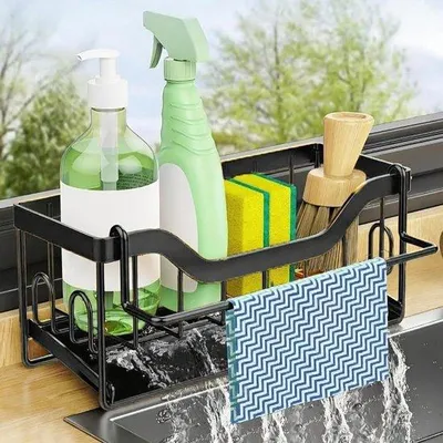 Produktbild von Famanu Spülbecken-Organizer - Edelstahl - Küchenorganizer - Sponshalter - Automatische Abtropfung - Schwarz