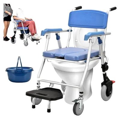 Produktbild von Toilettenstühle mit Rollen, Klappbarer Duschstuhl für Senioren, Dusch-WC mit Armlehnen und klappbarer Fußstütze, Belastbarkeit 150 kg