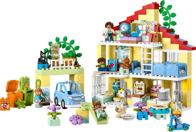 Produktbild von LEGO 10994 DUPLO 3-in-1-Familienhaus, Puppenhaus aus Bausteinen mit Push&Go Auto, 5 Figuren, 2 Tieren und Spielzeug-Lampe, Spielhaus Geschenk für Kleinkinder, Mädchen und Jungen ab 3 Jahren