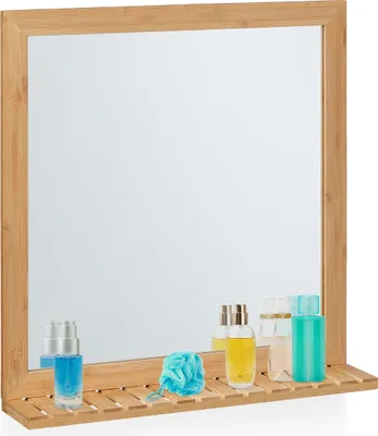 Image de Miroir mural Relaxdays avec étagère, cadre en bambou, dimensions 61,5 x 60 x 12 cm, miroir à suspendre pour salle de bains, vestiaire et toilettes d'invités, couleur naturelle