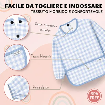Imagen del producto de Baberos impermeables con mangas, para bebés de 12 a 36 meses, con puños elásticos, bolsillo tipo "canguro" y aptos para la alimentación complementaria (BLW)