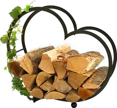 A heart-shaped firewood rack filled with logs and decorated with ivy.
