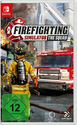The cover art for the Nintendo Switch game 'Firefighting Simulator: The Squad', featuring firefighters and a fire truck.