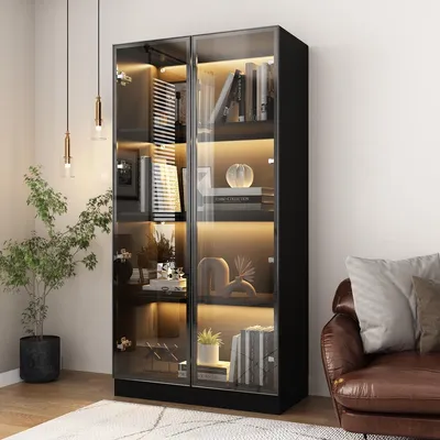Produktbild von Vitrinenschrank mit Glastüren und Beleuchtung, Glasvitrine Stehend mit 4-stufigen Einlegeböden, Pop-up Design,Vitrine mit Glastüren Schwarz