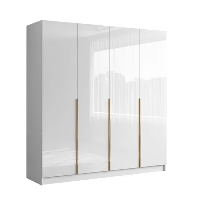 A white, high-gloss wardrobe with four doors and gold handles, presented against a white background.