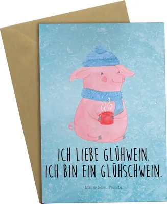 Produktbild von Mr. & Mrs. Panda Glückwunschkarte Schwein Glühwein - Eisblau - Geschenk, weihnachtskarten, Weihnachtsmarkt, osterkarte, Grußkarten, Weihnachten, Punsch, einladungskarten