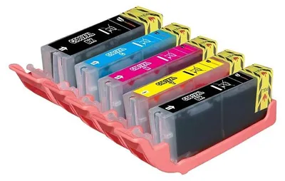 A set of four ink cartridges in a pink holder.