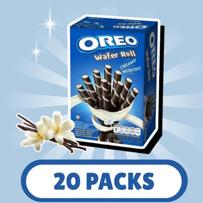 Produktbild von 20x Oreo Vanilla Cream Filled Wafer Rolls – 20x54g – Knusprige Waffel mit Vanillecreme + Heartforcards Versandschutz