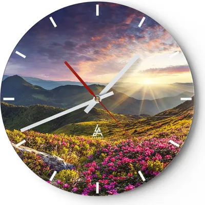 Produktbild von Wanduhr - Rund - Glasuhr - Gebirge Wiese Landschaft Wald - 30x30cm - Schleichendes Uhrwerk - Lautlos - zum Aufhängen bereit - Dekoration Modern - Wanddekoration aus Glas - C3AR30x30-3152