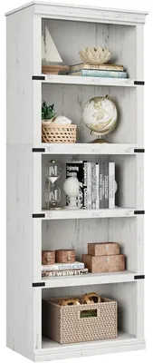 Image de Étagère en bois à 5 niveaux, avec des étagères ouvertes, de style rustique, idéale pour les salons et les chambres, de couleur blanche