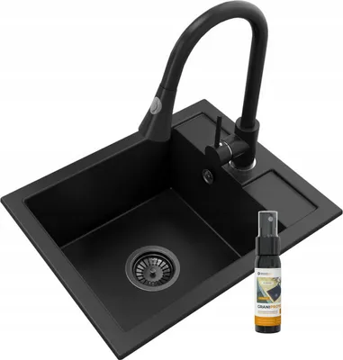 Produktbild von Granitan | Granitspüle - BEST - 1-Becken - mit schwarzer Armatur - mit Siphon - Schwarz - 50 x 40 cm - für Schränke ab 40 cm