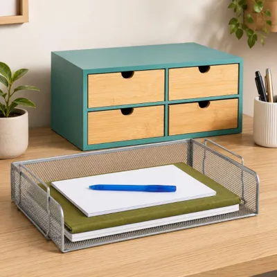 Produktbild von Büro-Ablageset (2-teilig) – Stapelbarer Dokumentenhalter aus Metallgitter & Bambus-Organizer mit 4 Schubladen