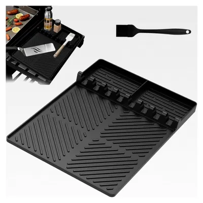 Produktbild von Silikon Ablagematte für Grillzubehör, rutschfeste Unterlage für Gewürze, Flaschen und Grillwerkzeuge, hitzebeständig und leicht zu reinigen (Schwarz)