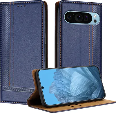 Produktbild von Handyhülle für Google Pixel 9 Pro Leder Flip Klappbare Schutzhülle mit Standfunktion Blau