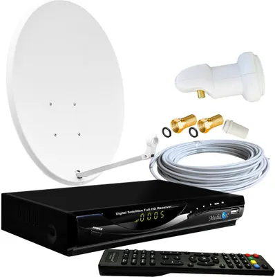 Produktbild von 1-Teilnehmer Sat Anlage 60cm Spiegel Schüssel Full HD Sat-Receiver USB, 1080P, Single LNB 0,1dB, Kabel, F-Stecker, vorprogrammiert Astra, Deutsch