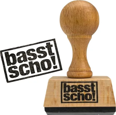 Produktbild von Holzstempel 'basst scho!' im rustikalen Design, mit rundem Griff, 4 x 2,5 cm